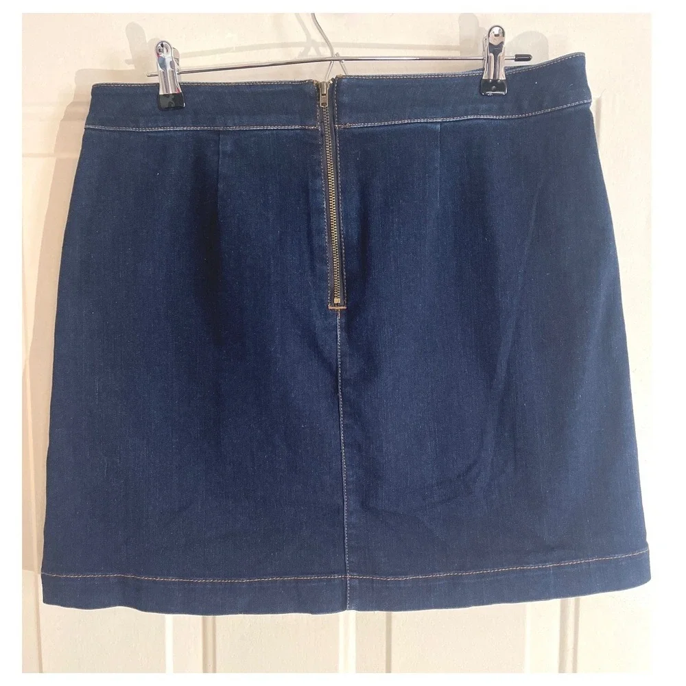 Loft Skirt Women 12 Dark Wash Denim Mini A-Line Gold Zip Pockets Casual Classic